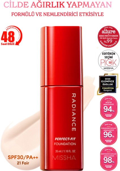Uzun Süre Kalıcı, Mat Bitişli Fondöten Radiance Perfect Fit Foundation (No.21 Fair) SPF30+/PA+++
