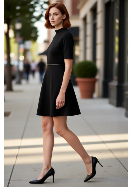 Kadın Dik Yaka Kısa Kol Kemerli Skater Elbise Günlük Şık Polyester Scuba Krep Mini Tasarım