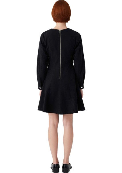 Kadın A Line Siyah Denim Mini Elbise Bisiklet Yaka Standart Uzun Kollu Şık Günlük Stile Uygun fırsatları