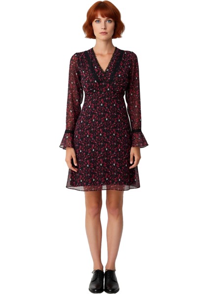 Kadınlar Için Çiçekli Şifon Skater Mini Elbise Aksesuar Detaylı V Yaka Uzun Kollu Modeli Kaliteli modelleri