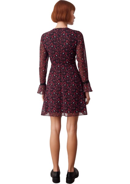 Kadınlar Için Çiçekli Şifon Skater Mini Elbise Aksesuar Detaylı V Yaka Uzun Kollu Modeli Kaliteli fırsatları