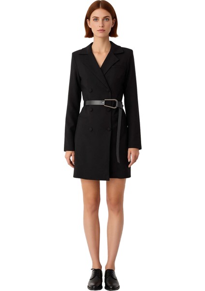 Zarif Kadın Siyah Düz Desen Mini Ceket Elbise Kemer Detaylı Dokuma Iş Yaşamı Stili Kaliteli fiyatları