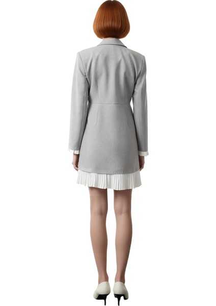 Kadın Gri Piliseli Dokuma Ceket Elbise Uzun Kollu Yaka Mini Boy Ofis ve Şık Davetler Için modelleri