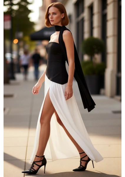 Kadın Siyah Beyaz Renk Bloklu Straplez Fular Detaylı Maxi Skater Abiye Elbise Yazlık Şıklık