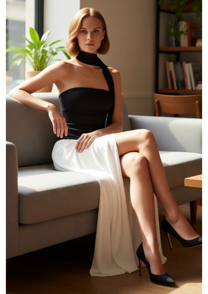 Kadın Siyah Beyaz Renk Bloklu Straplez Fular Detaylı Maxi Skater Abiye Elbise Yazlık Şıklık fiyatları