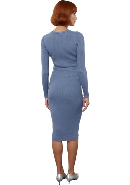 Kadın Kuşaklı Bodycon Triko Midi Elbise Bisiklet Yaka Uzun Standart Kollu Şık Ilkbahar Sonbahar fırsatları