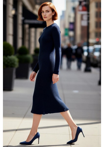 Kadınlar Için Akrilik Triko Midi Elbise Bisiklet Yaka Uzun Kollu Düz Desen Günlük Şık Tasarım