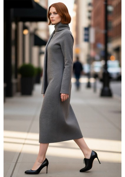 Kadın Bodycon Maxi Şal Yaka Selanik Örme Elbise Uzun Kollu Kışlık Günlük Şıklık Sunan Tasarım