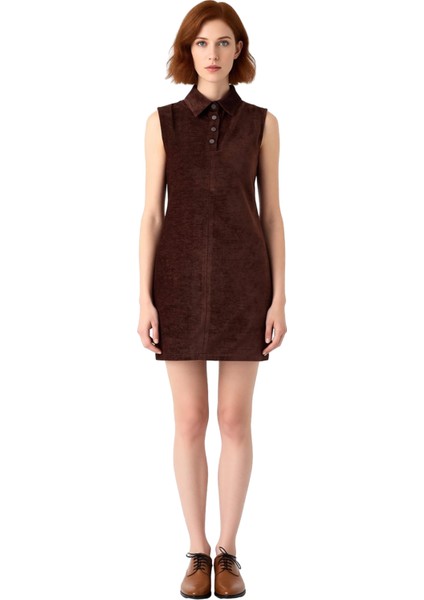 Kadın A Line Kesim Kolsuz Gömlek Yaka Düz Kısa Elbise Casual Şıklık Sunar Kış Için Ideal Kaliteli modelleri