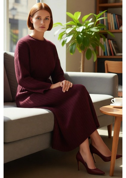 Kadınlar Için Özel Triko Ribana Kuşaklı Maxi Elbise Düz Desenli Uzun Düşük Kollu Kışlık Şıklık fiyatları