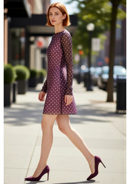 Kadın Zarif Puantiyeli Tül Bodycon Mini Elbise Kayık Yaka Uzun Kol Modern Günlük Stil Trendi fırsatları