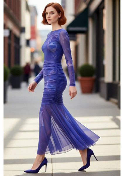 Kadın Balık Kalıp Tül Örme Abiye Maxi Elbise Kayık Yaka Uzun Kollu Şık Gece Kokteyl Kaliteli