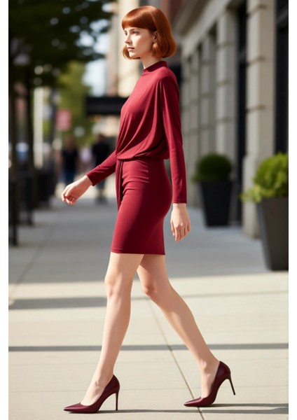 Kadın Bordo Bodycon Yarasa Kol Dik Yaka Düz Örme Kısa Elbise Şık Davetler Kış Kombinleri Için