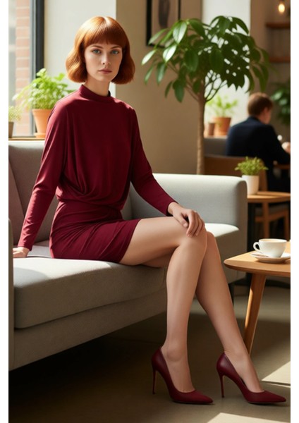 Kadın Bordo Bodycon Yarasa Kol Dik Yaka Düz Örme Kısa Elbise Şık Davetler Kış Kombinleri Için fiyatları