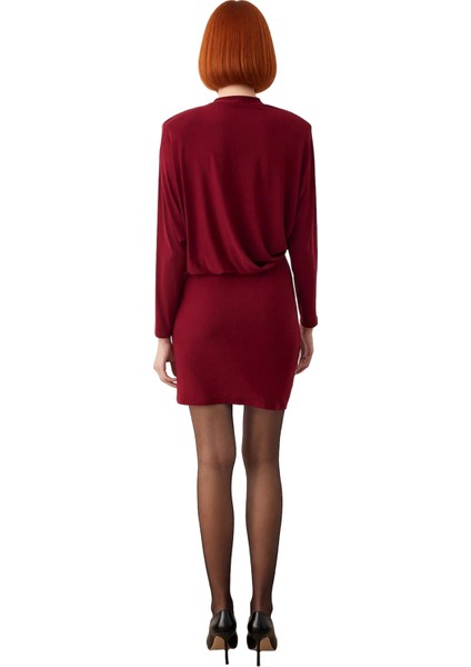 Kadın Bordo Bodycon Yarasa Kol Dik Yaka Düz Örme Kısa Elbise Şık Davetler Kış Kombinleri Için fırsatları