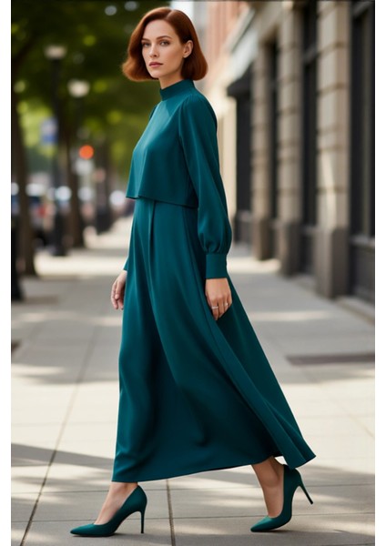 Kadın Düz Desen A Line Maxi Dokuma Elbise Dik Yaka Uzun Kollu Ilkbahar Sonbahar Zarafeti Sunar