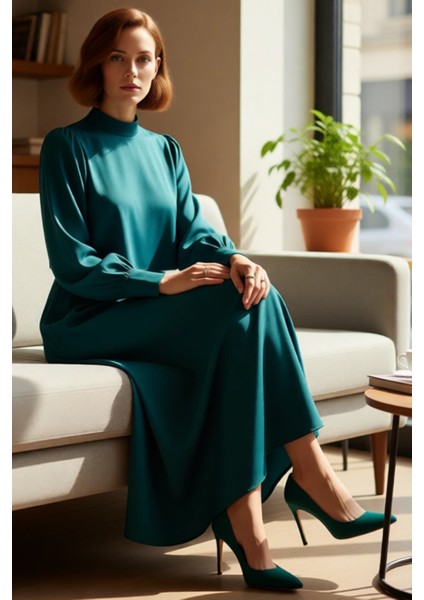 Kadın Düz Desen A Line Maxi Dokuma Elbise Dik Yaka Uzun Kollu Ilkbahar Sonbahar Zarafeti Sunar fiyatları