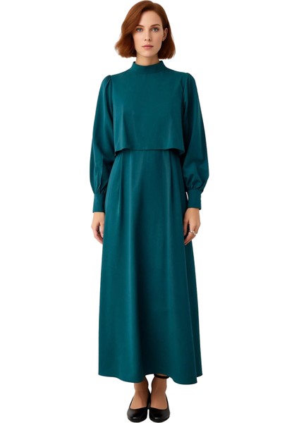 Kadın Düz Desen A Line Maxi Dokuma Elbise Dik Yaka Uzun Kollu Ilkbahar Sonbahar Zarafeti Sunar modelleri