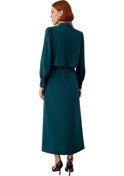 Kadın Düz Desen A Line Maxi Dokuma Elbise Dik Yaka Uzun Kollu Ilkbahar Sonbahar Zarafeti Sunar fırsatları