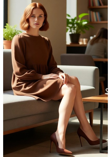 Kadın Günlük Kahverengi Mini Elbise A Line Kalıp Balon Kol Örme Bürümcük Dokulu Bisiklet Yaka Stil