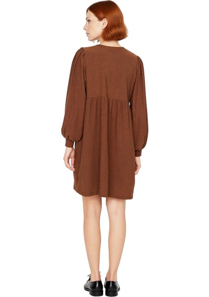 Kadın Günlük Kahverengi Mini Elbise A Line Kalıp Balon Kol Örme Bürümcük Dokulu Bisiklet Yaka Stil modelleri
