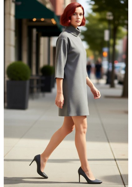 Kadın Balıkçı Yaka Shift Kalıp Düşük Kol Truvakar Boy Mini Örme Elbise Kış Günlük Kombinler Için Şık