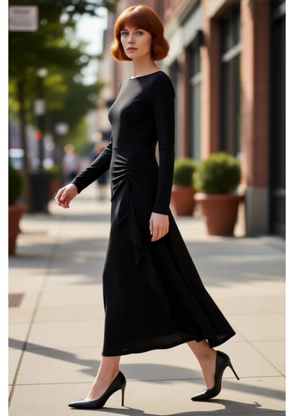 Kadın Uzun Kollu Kayık Yaka Maxi Elbise A Line Kalıp Büzgü Detaylı Kışlık Şık ve Feminen Bir Stil fırsatları