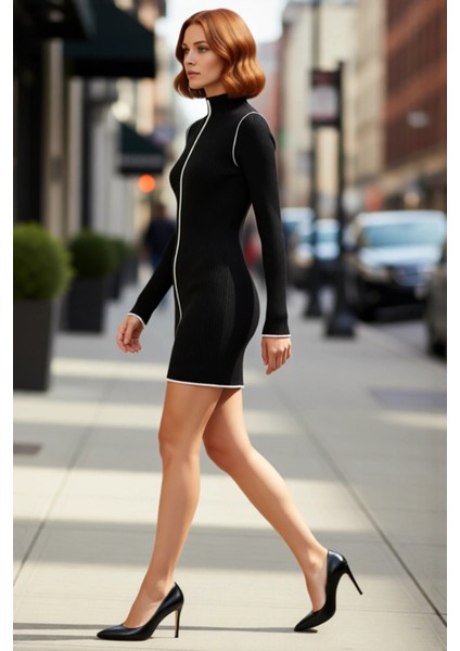 Kadın Dik Yaka Uzun Kollu Triko Elbise Bodycon Kesimiyle Vücuda Oturan Şık ve Günlük Mini Kışlık fırsatları