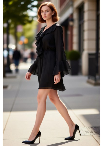 Kadın Siyah Skater Elbise V Yaka Fırfır Detaylı Uzun Kollu Dokuma Kumaş Astarlı Mini Boy Kaliteli