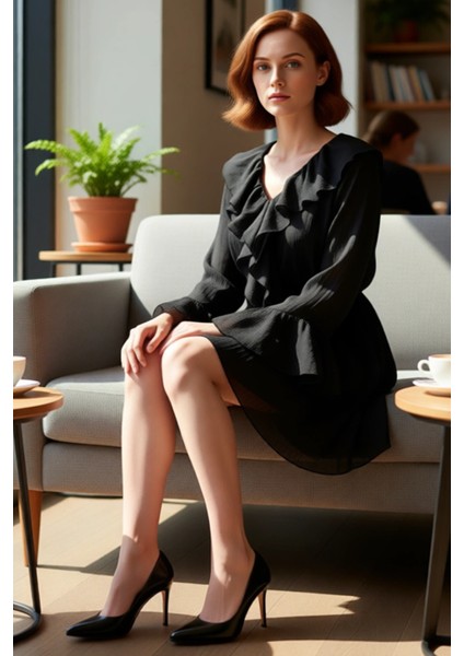 Kadın Siyah Skater Elbise V Yaka Fırfır Detaylı Uzun Kollu Dokuma Kumaş Astarlı Mini Boy Kaliteli fiyatları