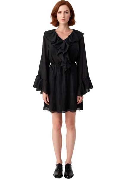 Kadın Siyah Skater Elbise V Yaka Fırfır Detaylı Uzun Kollu Dokuma Kumaş Astarlı Mini Boy Kaliteli modelleri