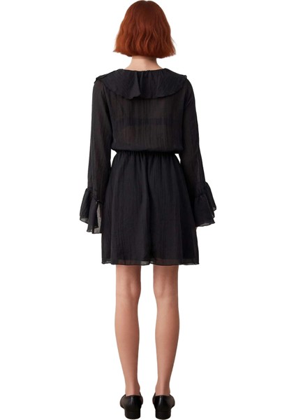 Kadın Siyah Skater Elbise V Yaka Fırfır Detaylı Uzun Kollu Dokuma Kumaş Astarlı Mini Boy Kaliteli fırsatları