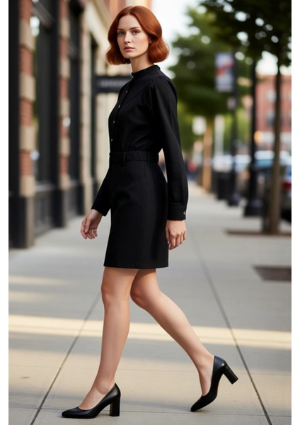 Kadın Siyah %100 Pamuk Dik Yaka Uzun Kollu Modern Kesim Dokuma Gabardin Mini Boy Günlük Elbise