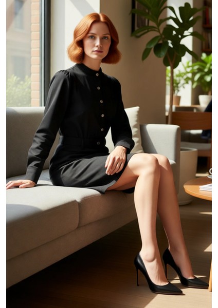 Kadın Siyah %100 Pamuk Dik Yaka Uzun Kollu Modern Kesim Dokuma Gabardin Mini Boy Günlük Elbise fiyatları