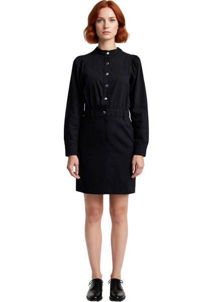 Kadın Siyah %100 Pamuk Dik Yaka Uzun Kollu Modern Kesim Dokuma Gabardin Mini Boy Günlük Elbise modelleri