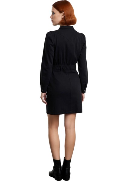 Kadın Siyah %100 Pamuk Dik Yaka Uzun Kollu Modern Kesim Dokuma Gabardin Mini Boy Günlük Elbise fırsatları