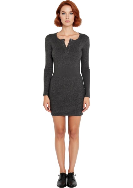 Kadın Bodycon Fitilli Örme Uzun Kollu Çıtçıt Detaylı Mini Elbise Günlük ve Şık Kombinler Için modelleri