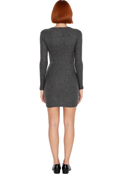 Kadın Bodycon Fitilli Örme Uzun Kollu Çıtçıt Detaylı Mini Elbise Günlük ve Şık Kombinler Için fırsatları