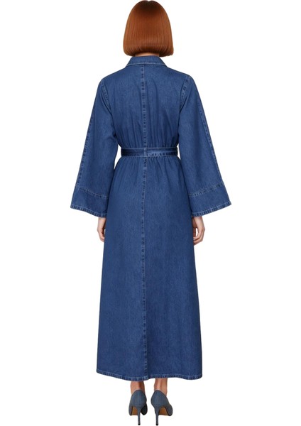 Kadın Casual Denim Gömlek Elbise Kuşaklı Yaka Uzun Melek Kol Maxi Boy %100 Pamuk Şık Rahat modelleri