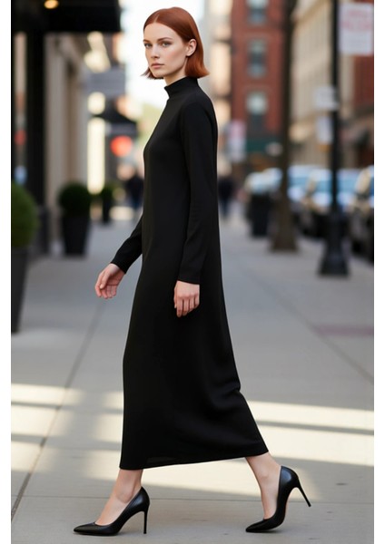 Kadın Dik Yaka A Kesim Triko Maxi Elbise Uzun Standart Kollu Akrilik Düz Desen Kışlık Günlük Şık