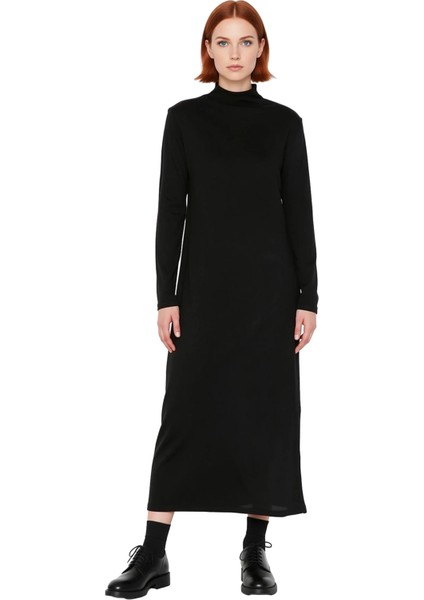 Kadın Dik Yaka A Kesim Triko Maxi Elbise Uzun Standart Kollu Akrilik Düz Desen Kışlık Günlük Şık modelleri