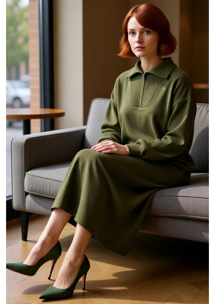 Kadın Füme Rahat Kalıp Maxi Boy Fermuarlı Dik Yaka Düz Desen Uzun Kol Triko Elbise Kaliteli fiyatları