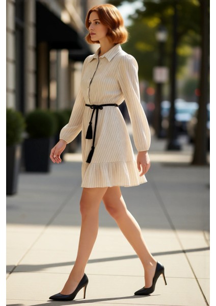 Kadın Çizgili Keten Görünümlü Gömlek Yaka Düğmeli Skater Kalıp Uzun Kol Mini Elbise Günlük