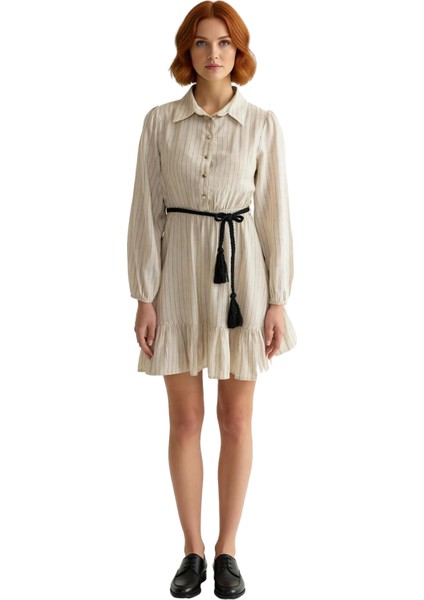 Kadın Çizgili Keten Görünümlü Gömlek Yaka Düğmeli Skater Kalıp Uzun Kol Mini Elbise Günlük modelleri