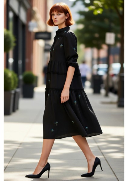 Kadın Nakış Detaylı Hakim Yaka Balon Kol Midi Boy Dokuma Elbise Ilkbahar Sonbahar Şıklığı Kaliteli