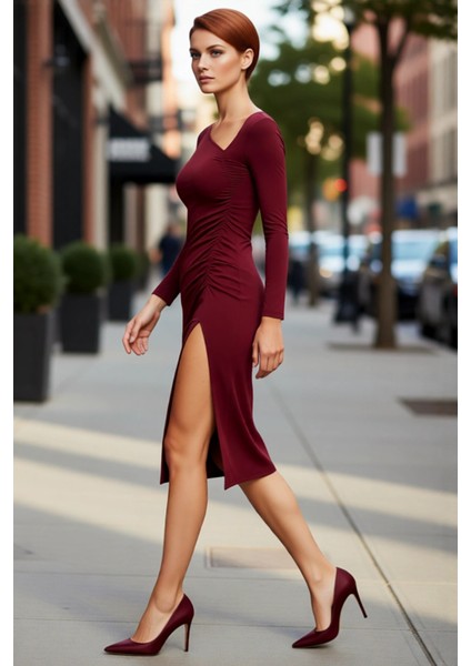 Kadın Bodycon Uzun Kollu Asimetrik Yaka Yırtmaçlı Midi Örme Elbise Özel Günler Için Şık ve Modern