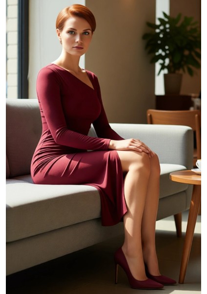 Kadın Bodycon Uzun Kollu Asimetrik Yaka Yırtmaçlı Midi Örme Elbise Özel Günler Için Şık ve Modern fiyatları