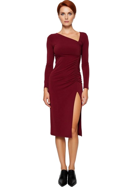 Kadın Bodycon Uzun Kollu Asimetrik Yaka Yırtmaçlı Midi Örme Elbise Özel Günler Için Şık ve Modern modelleri