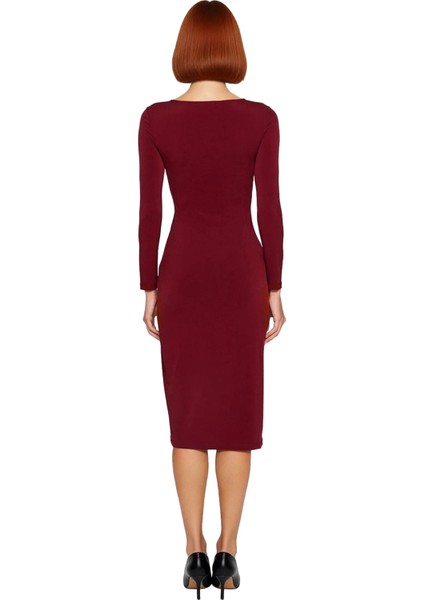 Kadın Bodycon Uzun Kollu Asimetrik Yaka Yırtmaçlı Midi Örme Elbise Özel Günler Için Şık ve Modern fırsatları