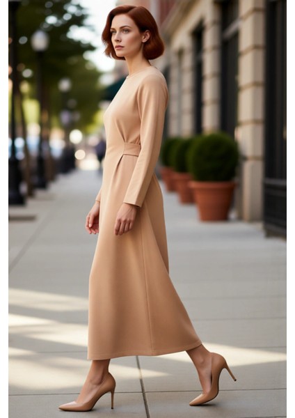 Kadın A Line Kesim Maxi Uzun Kol Bisiklet Yaka Örme Elbise Günlük Şıklık ve Konfor Sunar Kaliteli